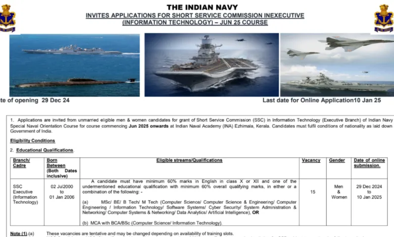 Indian Navy Ssc Executive Information Technology Recruitment Apply Online